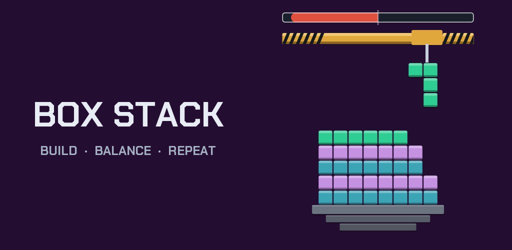 Box Stack: an amber crane lowering a green box toward a tower of teal and lilac boxes on a grey boat, with the balance bar above